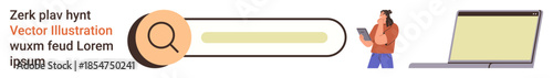 Online research, digital exploration, user interface design, internet browsing, data search, technology. A search bar with a magnifying glass, a woman using a tablet and a laptop. Online research