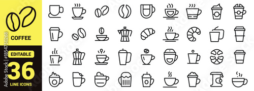 Coffee Shop and Barista Line Icon Set with Espresso Cups, Moka Pot, Coffee Beans, Grinder, French Press, and Cafe Beverage Vector Symbols