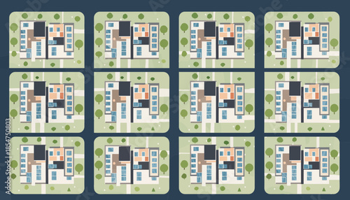 Nine identical illustrations of buildings arranged in a grid on a blue background