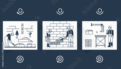 Industrial workers constructing a brick wall and managing equipment in a factory setting