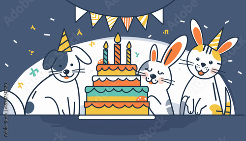 Three cartoon animals celebrating a birthday with a colorful cake