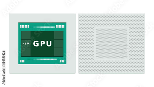 Flat illustration of packaged GPU board with on-board HBM memory showing how high-speed memory supports AI computation and modern parallel processing architecture