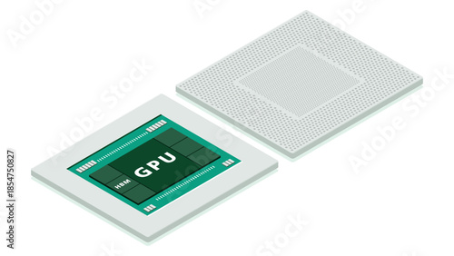 Isometric illustration of packaged GPU board with integrated HBM memory explaining spatial layout of high-speed memory supporting AI workloads and advanced computing systems