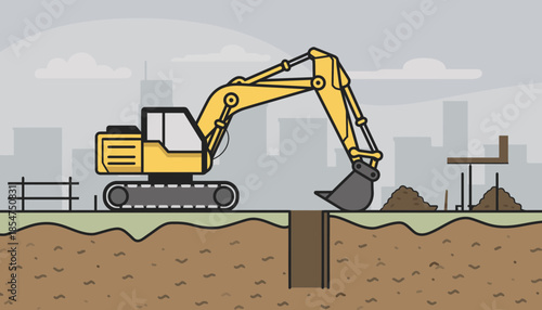 Heavy machinery digs into the earth in an urban construction site