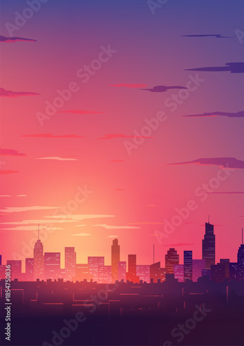 Hand painted vertical landscape illustration of a city at sunset or sunrise