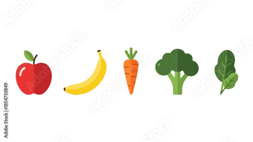 Assorted fruits and vegetables arranged in a row on a plain white background