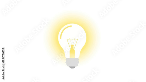 A bright light bulb glowing on a plain white background