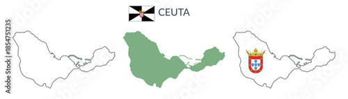 Ceuta geographical borders isolated on white background. Flag of Ceuta. Vector flat cliparts.