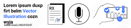 Digital health, online pharmacy, voice assistants, telemedicine, e-prescription services, mobile shopping. RX document, microphone and a hand using a smartphone. Digital health and online pharmacy