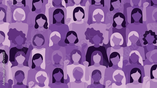 Numerous diverse women stand together with raised fists in various purple tones, symbolizing unity and strength