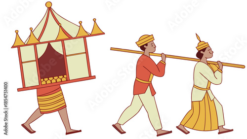 Traditional Parade Figures Carrying Royal Palanquin and Ceremonial Staff