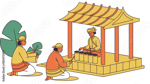 Traditional Southeast Asian Musicians Playing Gamelan Percussion Instruments Illustration