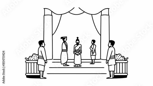 Black and White Line Art Illustration of a Traditional Ceremony in a Pavilion