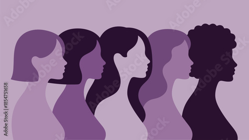 Six diverse female profiles in shades of purple and one white silhouette symbolizing womens strength