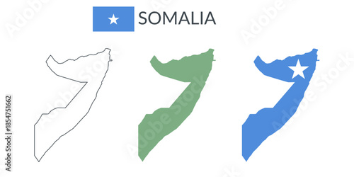 Somalia geographical borders isolated on white background. Flag of Somalia. Vector flat cliparts.