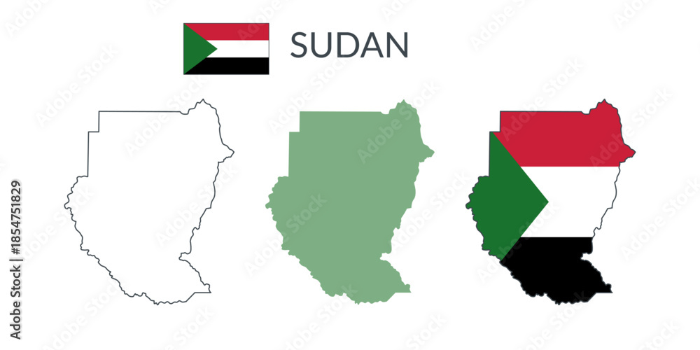 Fototapeta premium Sudan geographical borders isolated on white background. Flag of Sudan. Vector flat cliparts.