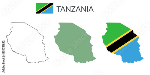 Tanzania geographical borders isolated on white background. Flag of Tanzania. Vector flat cliparts.