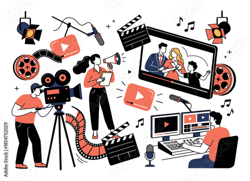 Video Production Filmmaking and Cinema Flat Vector Illustration
