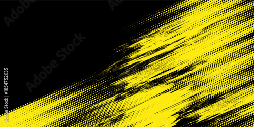 Halftone yellow dots pattern and black gradient grunge texture background. Dotted line comic sport style vector illustration.