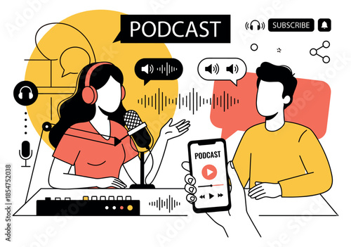 Podcast Recording and Audio Streaming Flat Vector Illustration