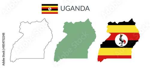 Uganda geographical borders isolated on white background. Flag of Uganda. Vector flat cliparts.