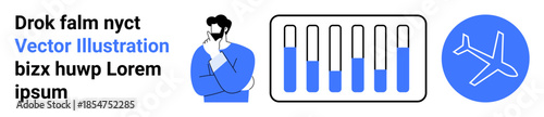 Man contemplating, vertical bar graph with blue progression, circular airplane icon. Ideal for travel, data analytics, strategy planning, logistics, business growth, decision-making simple landing