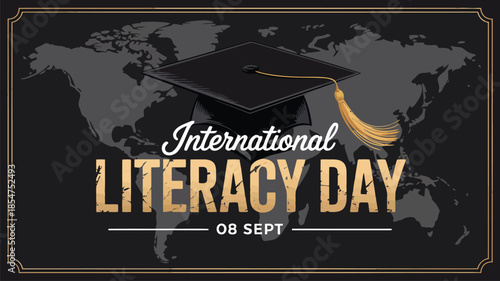 The dark background features a world map with a prominent graduation cap for Literacy Day