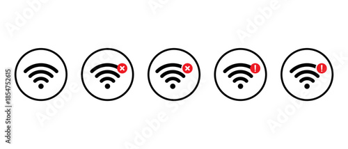 Wifi connection icon set with error and alert icon in circular outline. Wireless network status, internet problem, and signal warning symbol