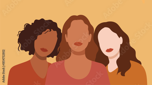 Three diverse women portraits with varying skin tones and hairstyles stand together in solidarity
