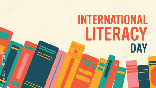 Vibrant row of colorful books lines the bottom of a banner promoting International Literacy Day