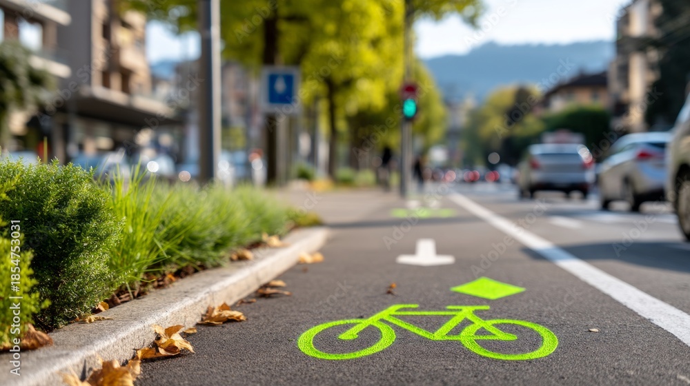Obraz premium Urban Minimalist Bike Lane with Clear Markings Along a Scenic Roadside Pathway