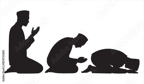 Collection of Muslim prayer postures in black silhouette including bowing and prostration