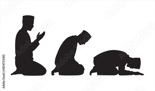 Silhouette vector illustration set of Islamic salah prayer positions isolated on white background