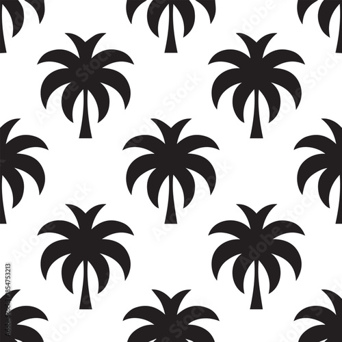 Seamless pattern of stylized black palm tree silhouettes on a clean white background