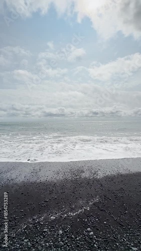 Infinity ocean view, POV, Iceland landscape first-person view, view of the open water and coastline, huge water texture, cold water, nature background.