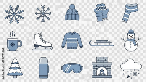 Winter sports and holiday icons including snowflakes, hats, gloves, scarf, mug, ice skate, sweater, sled, snowman, tree, thermos, goggles, fireplace, and cloud