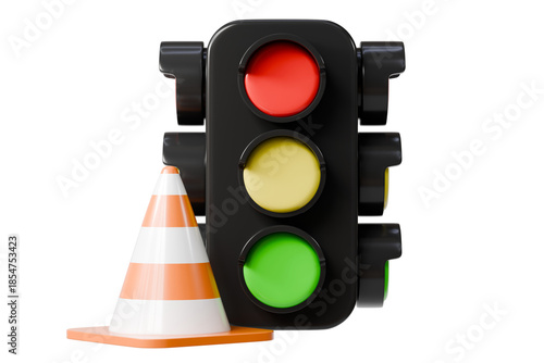 3d traffic light and traffic cone icon. road safety concept. minimal cartoon stop go signal roadwork warning for navigation app ui. isolated on white transparent background. 3d render.