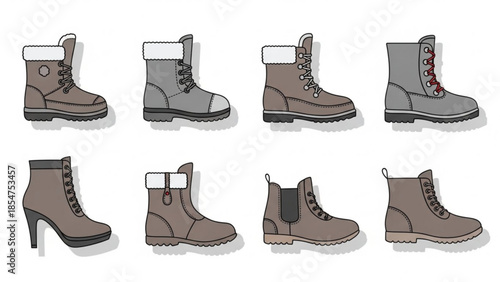 Eight different styles of brown and gray boots with laces and white cuffs, various designs and heel types on white background