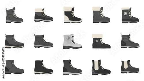 Collection of various black and gray winter boots with laces and different designs on white background