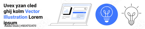 Technology, creativity, innovation, web design, digital tools, problem-solving. A laptop screen displaying digital content alongside light bulb icons. Creativity and innovation conceptual visuals