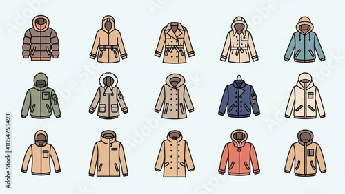 Collection of various colorful winter coats and jackets with hoods in different styles and designs on white background
