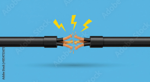 Illustration depicting a dangerous electrical short circuit where frayed black wires are separated with exposed copper strands generating bright yellow lightning symbols against a solid bright blue