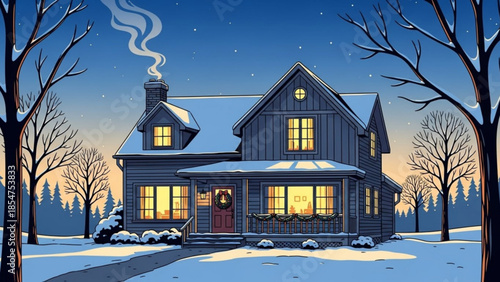 Cozy snow covered house with lit windows and smoking chimney on a winter evening with trees and snow covered ground in a serene landscape