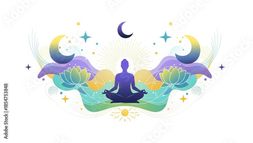 A serene silhouette of a person meditating in lotus position surrounded by vibrant celestial elements stars crescent moons and lotus flowers