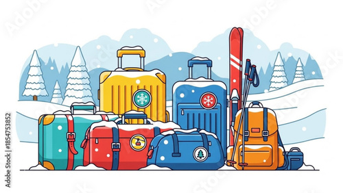 Snowy travel luggage and skis in winter landscape with pine trees and snowflakes, ideal for vacation and adventure themes