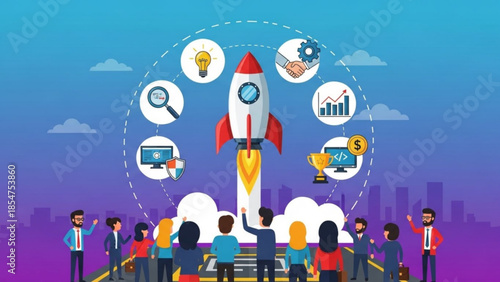 Business people launch rocket with icons of success, innovation, and growth, symbolizing business strategy and teamwork