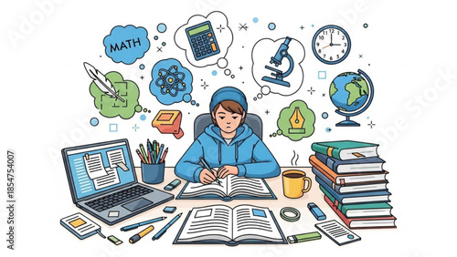 A young student in a blue hoodie studies intently surrounded by books, laptop, and school supplies with thought bubbles filled with educational icons above his head