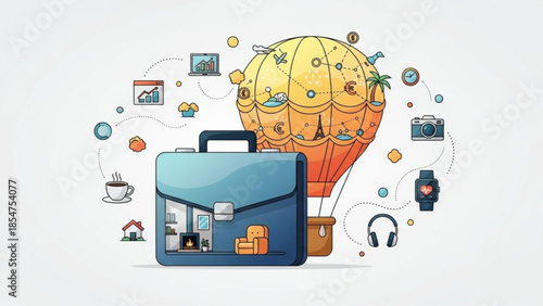 Vibrant illustration of briefcase and hot air balloon with travel, business, and technology icons floating around, symbolizing adventure and professional journey