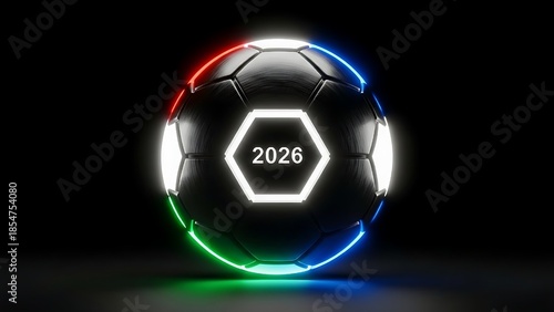 Futuristic 2026 Soccer Ball with Glowing Rings football with glowing digital accents, symbolizing the intersection of advanced technology World Championship Sports Concept