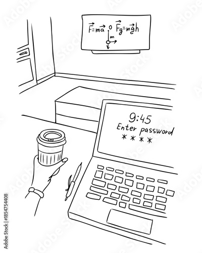 Minimal line art classroom or study desk scene with laptop, coffee cup, notebook and physics formula on board. Concept of studying, concentration, learning process